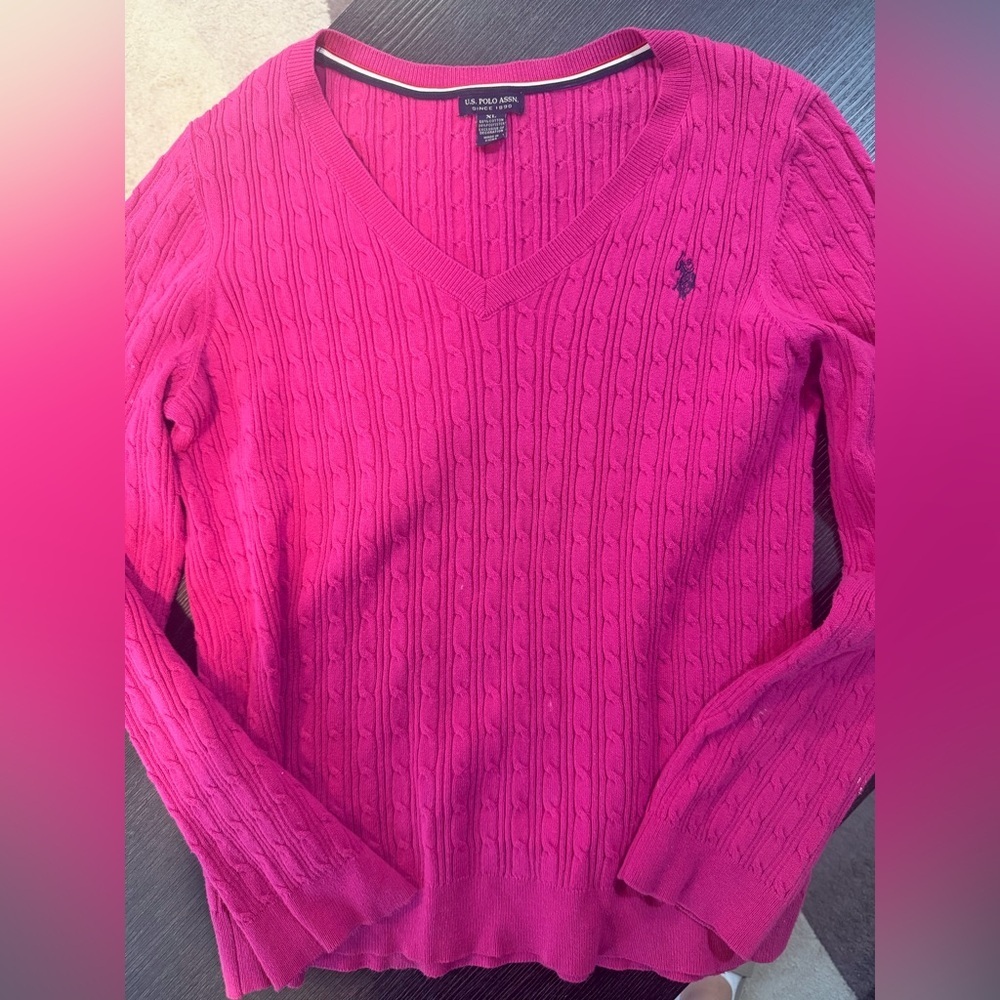 US Polo Assn Hot Pink Cable-Knit V-Neck Sweater